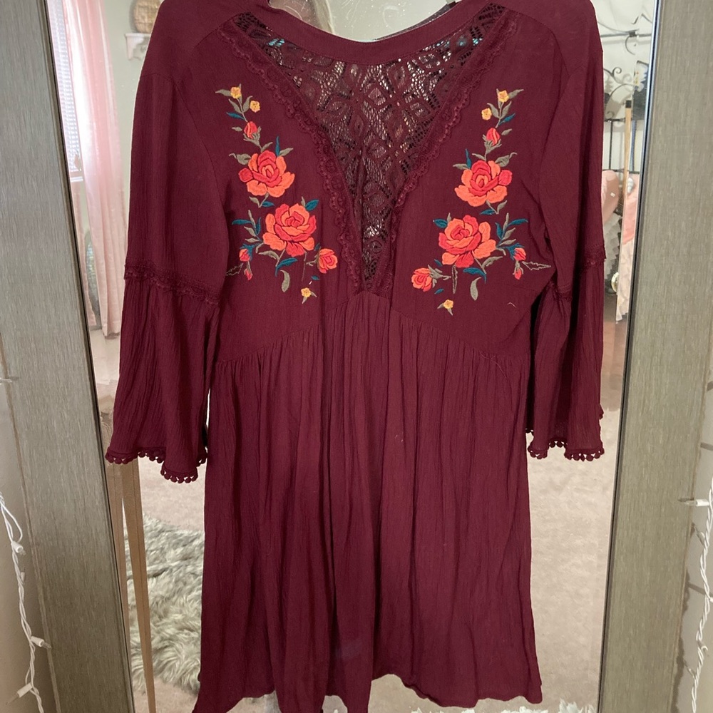 Gorgeous maroon colored dress! Orange embroidery flowers!